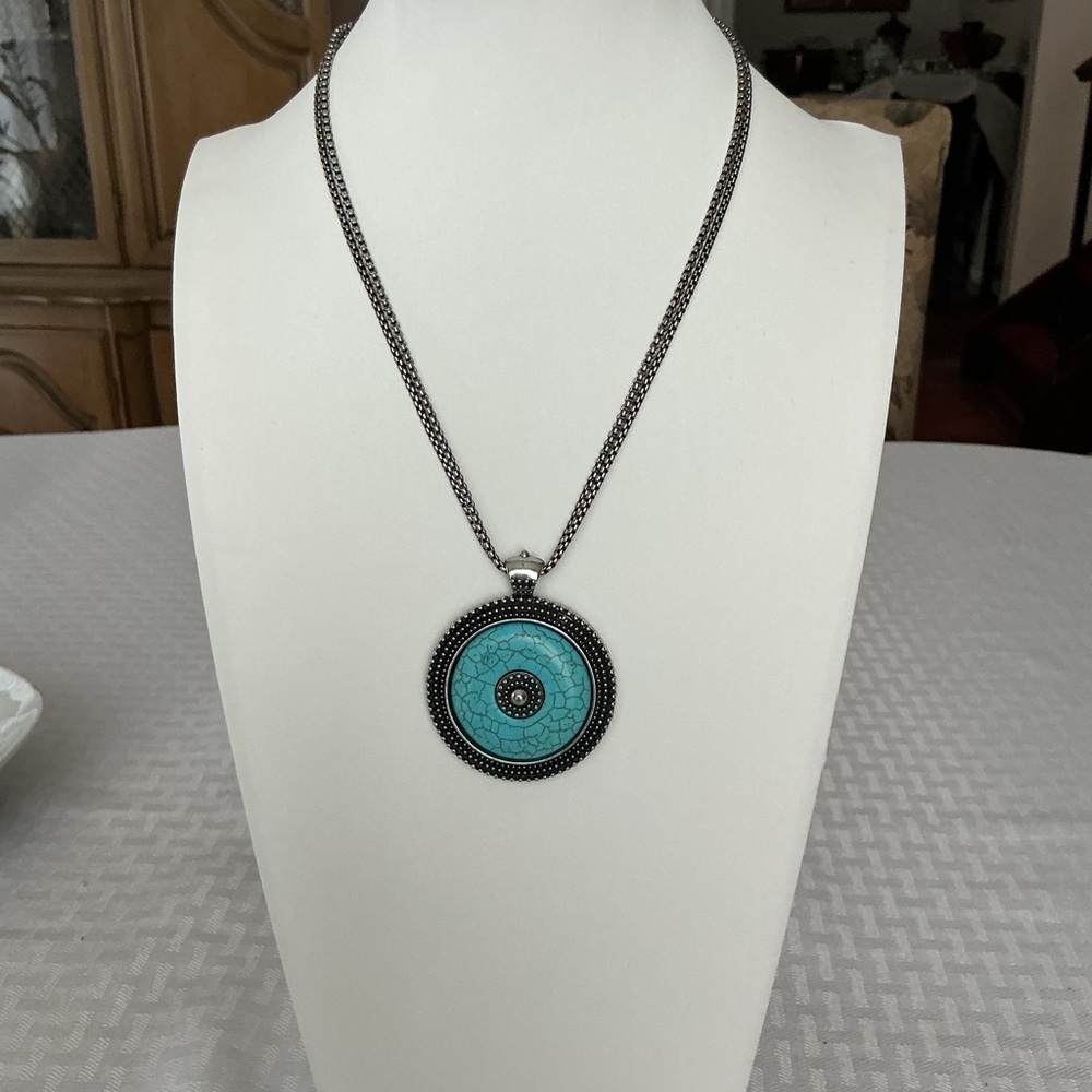 Turquoise Resin and Antique Silver Tone Pendant Necklace